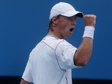 Lithuanian Ricardas Berankis celebrates his second round victory over Florian Mayer on January 17, 2013