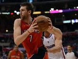 Andrea Bargnani #7 of the Toronto Raptors drives to the basket during a 102-83 Los Angeles Clipper win at Staples Center on December 9, 2012