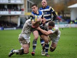 Bath's George Ford takes on the Newcastle Falcons defence during their Aviva Premiership match on February 8, 2014