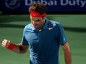Roger Federer celebrates his win overRadek Stepanek during their match in the ATP Dubai Duty Free Tennis Championships on February 26, 2014