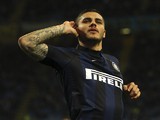 Mauro Emanuel Icardi of FC Internazionale Milano celebrates after scoring the opening goal during the Serie A match between FC Internazionale Milano and Bologna FC at San Siro Stadium on April 5, 2014