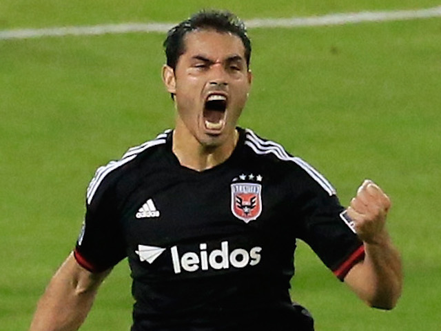 Fabian Espindola #9 of D.C. United celebrates after scoring a goal against the Houston Dynamo during the second half at RFK Stadium on May 21, 2014 