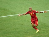 Ghana's midfielder Andre Ayew celebrates after scoring during a Group G football match between Germany and Ghana at the Castelao Stadium in Fortaleza during the 2014 FIFA World Cup on June 21, 2014