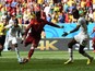 Portugal's forward and captain Cristiano Ronaldo scores during the Group G football match between Portugal and Ghana at the Mane Garrincha National Stadium in Brasilia during the 2014 FIFA World Cup on June 26, 2014