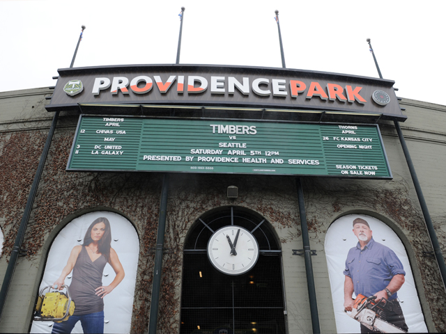 General View of the Main entry to Providence Park before the game between the Portland Timbers and the Seattle Sounders FC at Providence Park on April 5, 2014