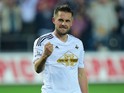 Swansea player Gylfi Sigurdsson celebrates after scoring the second Swansea goal during the Capital One Cup Third Round match against Everton on September 23, 2014
