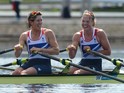 Great Britain's Katherine Grainger and Anna Watkins laugh after winning the women's double sculls final A of the rowing event during the London 2012 Olympic Games, at Eton Dorney Rowing Centre in Eton, west of London, on August 3, 2012