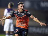 Montpellier's French forward Anthony Mounier celebrates after scoring a goal during the French L1 football match between Montpellier (MHSC) and Toulouse (TFC) on November 23, 2014
