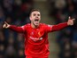  Jordan Henderson of Liverpool celebrates after scoring his team's third goal during the Barclays Premier League match between Leicester City and Liverpool at The King Power Stadium on December 2, 2014