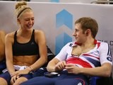 Laura Trott (L) alongside her boyfriend and team mate Jason Kenny (R) during practise ahead of the UCI Track World Championships at Minsk Arena on February 19, 2013