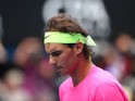 Rafael Nadal of Spain reacts to a point in his quarterfinal match against Tomas Berdych of the Czech Republic during day nine of the 2015 Australian Open at Melbourne Park on January 27, 2015 