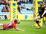 Ross Moriarty of Gloucester breaks away to score a try during the Aviva Premiership match between Wasps and Gloucester at The Ricoh Arena on March 1, 2015