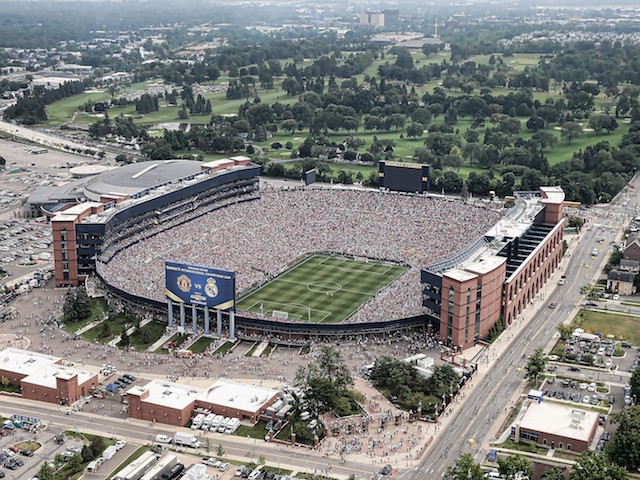 An aerial view of Michigan Stadium during the Guinness International Champions Cup match between Real Madrid and Manchester United at Michigan Stadium on August 2, 2014