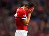 Robin van Persie of Manchester United reacts after missing a penalty during the Barclays Premier League match between Manchester United and West Bromwich Albion at Old Trafford on May 2, 2015