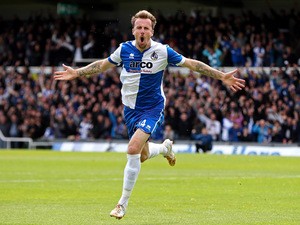 Chris Lines of Bristol celebrates scoring the opening goal of the game during the Vanarama Football Conference League Play Off Semi Final Second Leg between Bristol Rovers and Forest Green Rovers at Memorial Stadium on May 3, 2015