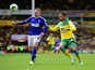 Freddie Sears of Ipswich Town holds off Martin Olsson of Norwich City during the Sky Bet Championship Playoff semi final second leg match between Norwich City and Ipswich Town at Carrow Road on May 16, 2015 