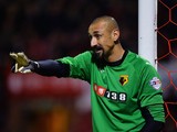 Heurelho Gomes of Watford makes a point during the Sky Bet Championship match between Brentford and Watford at Griffin Park on February 10, 2015