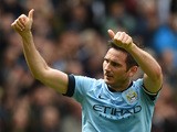 Manchester City's English midfielder Frank Lampard celerbates scoring the opening goal during the English Premier League football match between Manchester City and Southampton at the Etihad Stadium in Manchester, northwest England on May 24, 2015