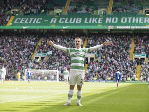 Leigh Griffiths in celebrates scoring Celtics 4th goal during the Scottish Premiership Match between Celtic and Inverness Caley Thistle at Celtic Park on May 24, 2015