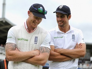 Ben Stokes and Alastair Cook having a laugh after winning the First Test with New Zealand on May 25, 2015