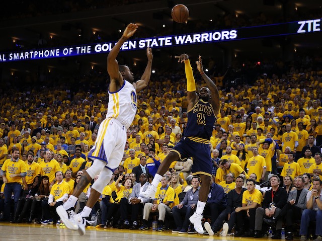 LeBron James of the Cleveland Cavaliers takes a shot during game one of the NBA Finals at Oracle Arena on June 4, 2015