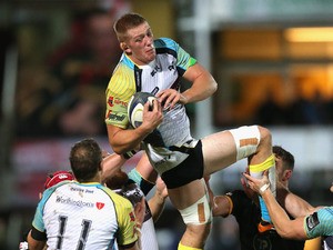 Lloyd Peers of the Ospreys wins the lineout during the European Rugby Champions Cup match between Northampton Saints and Ospreys at Franklin's Gardens on October 25, 2014