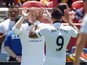 Wayne Rooney #10 of Manchester United high fives Memphis Depay #9 after scoring against Barcelona in the eighth minute during the International Champions Cup on July 25, 2015
