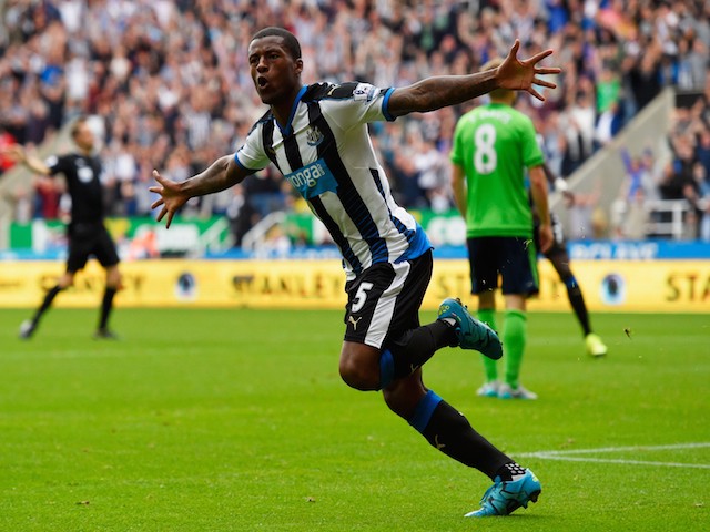 Georginio Wijnaldum of Newcastle United celebrates scoring their second goal during the Barclays Premier League match between Newcastle United and Southampton at St James' Park on August 9, 2015