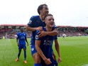 Jamie Vardy of Leicester City celebrates scoring his team's first goal with his team mate Shinji Okazaki during the Barclays Premier League match between A.F.C. Bournemouth and Leicester City at Vitality Stadium on August 29, 2015