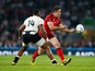 Brad Barritt of England passes the ball during the 2015 Rugby World Cup Pool A match between England and Fiji at Twickenham Stadium on September 18, 2015