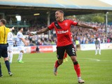James Tavernier of Rangers celebrates after he scores Rangers' third goal during the Scottish Championships match between Greenock Morton FC and Rangers at Cappielow Park on September 27, 2015