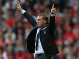 Brendan Rodgers, manager of Liverpool celebrates a goal during the Barclays Premier League match between Liverpool and Aston Villa at Anfield on September 26, 2015 in Liverpool, United Kingdom.