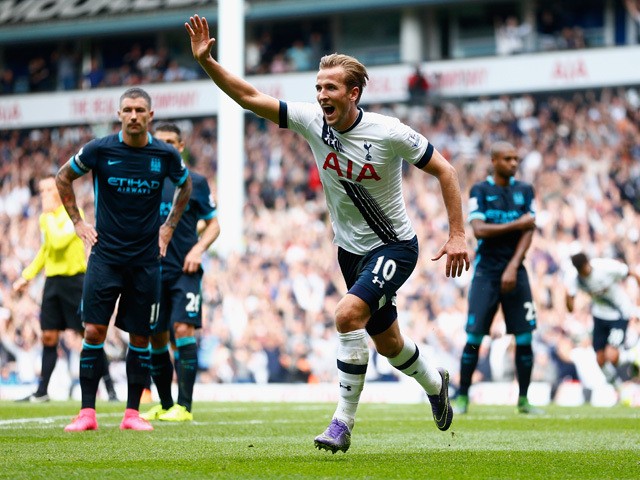 Harry Kane of Tottenham Hotspur celebrates scoring his team's third goal during the Barclays Premier League match between Tottenham Hotspur and Manchester City at White Hart Lane on September 26, 2015