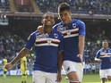 Luis Fernando Muriel (L) of UC Sampdoria celebrates with his team-mate Carlos Joaquin Correa (R) after scoring the opening goal during the Serie A match between UC Sampdoria and FC Internazionale Milano at Stadio Luigi Ferraris on October 4, 2015
