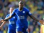 Jeff Schlupp of Leicester City celebrates scoring his team's second goal during the Barclays Premier League match between Norwich City and Leicester City at Carrow Road on October 3, 2015