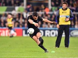 New Zealand fly-half Dan Carter kicks at goal during the Rugby World Cup Pool C contest against Tonga on October 9, 2015