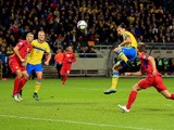 Zlatan Ibrahimovic of Sweden heads a shot at goal during the UEFA EURO 2016 Qualifying match between Sweden and Moldova at the National Stadium Friends Arena on October 12, 2015