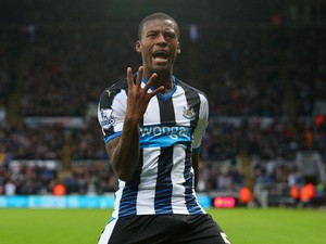 Georginio Wijnaldum of Newcastle United celebrates as he scores their sixth goal and his fourth during the Barclays Premier League match between Newcastle United and Norwich City at St James' Park on October 18, 2015