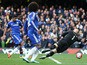 Aston Villa's US goalkeeper Brad Guzan (R) fails to stop a goal from Chelsea's Brazilian-born Spanish striker Diego Costa (L) during the English Premier League football match between Chelsea and Aston Villa at Stamford Bridge in London on October 17, 2015