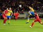 Zlatan Ibrahimovic of Sweden heads a shot at goal during the UEFA EURO 2016 Qualifying match between Sweden and Moldova at the National Stadium Friends Arena on October 12, 2015