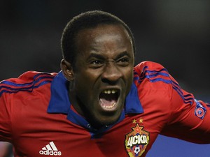 CSKA Moscow's Ivorian forward Seydou Doumbia celebrates after scoring a goal during the UEFA Champions League group B football match between PFC CSKA Moscow and FC Manchester United at the Arena Khimki stadium outside Moscow on October 21, 2015.