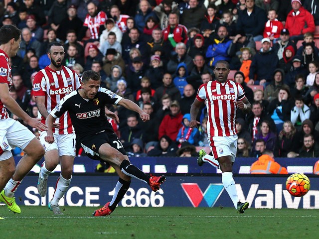 Alman Abdi of Watford scores his side's second goal during the Barclays Premier League match between Stoke City and Watford on October 24, 2015