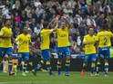 Las Palmas' midfielder Hernan celebrates his goal during the Spanish league football match Real Madrid CF vs UD Las Palmas at the Santiago Bernabeu stadium in Madrid on October 31, 2015