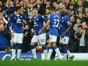 Arouna Kone of Everton (9) celebrates with team mates as he scores their second goal during the Barclays Premier League match between Everton and Sunderland at Goodison Park on November 1, 2015 in Liverpool, England. 