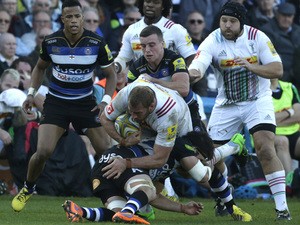 Chris Robshaw of Harlequins is tackled during the Aviva Premiership Match between Bath Rugby and Harlequins at The Recreation Ground on October 31, 2015