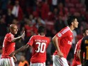 Benfica's Brazilian defender Luisao (L) celebrates after scoring a goal during the UEFA Champions League football match SL Benfica v Galatasaray AS at the Luz stadium in Lisbon on November 3, 2015