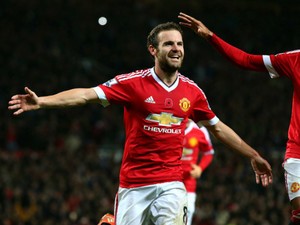 Juan Mata of Manchester United celebrates scoring his team's second goal during the Barclays Premier League match between Manchester United and West Bromwich Albion at Old Trafford on November 7, 2015 in Manchester, England.