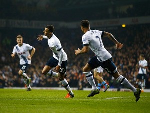 Dele Alli of Tottenham Hotspur (20) celebrates with Kyle Walker (2) as he scores their second goal during the Barclays Premier League match between Tottenham Hotspur and Aston Villa at White Hart Lane on November 2, 2015