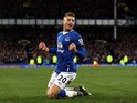 Ross Barkley of Everton celebrates his team's third goal during the Barclays Premier League match between Everton and Aston Villa at Goodison Park on November 21, 2015