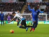 Ayoze Perez of Newcastle United and Ngolo Kante of Leicester City compete for the ball during the Barclays Premier League match between Newcastle United and Leicester City at St James' Park on November 21, 2015